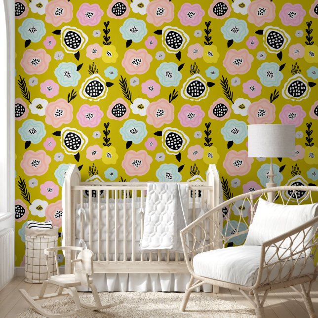 Scandinavische Madeliefjes Bloemen Mosterdgeel Kin Behang (Kinderen)