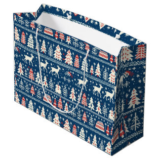 Scandinavische Marine Blauwe Kerst Rendier Nordic Groot Cadeauzakje