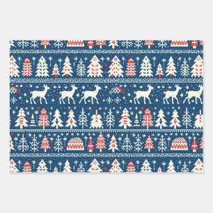 Scandinavische Marine Blauwe Kerst Rendier Nordic Inpakpapier Vel