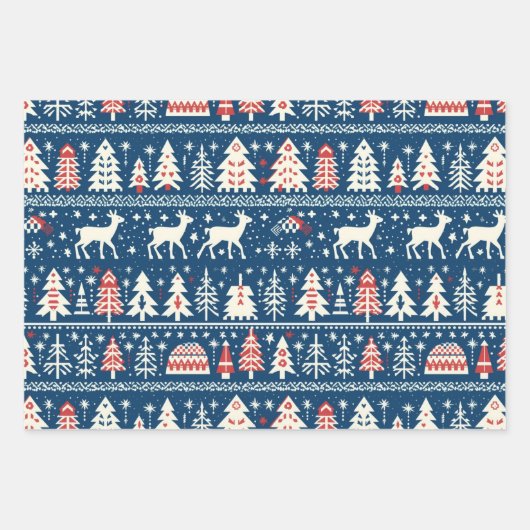 Scandinavische Marine Blauwe Kerst Rendier Nordic Inpakpapier Vel (Voorkant)