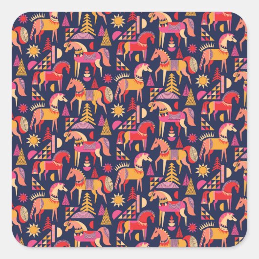 Scandinavische paarden: decoratief naadloos ontwer vierkante sticker (Voorkant)
