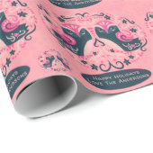 Scandinavische PINK Blauwe Vogels Volks Kunst Naam Cadeaupapier (Rol Hoek)