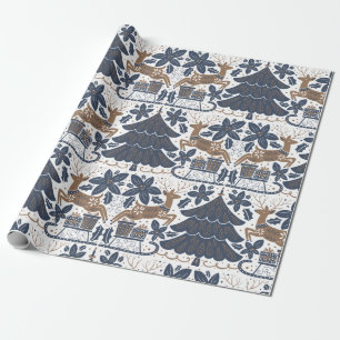 Scandinavische rendierboom - Floral Navy Gold Cadeaupapier