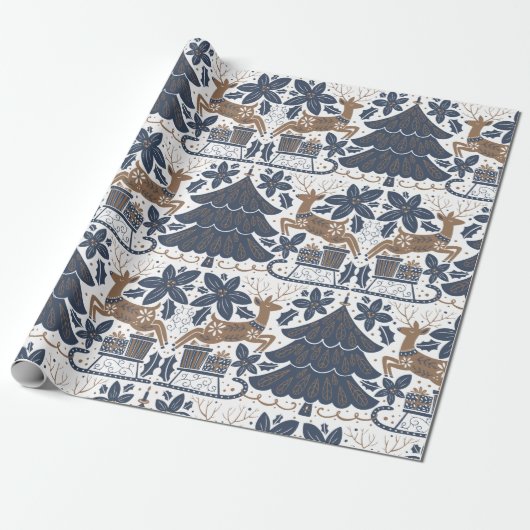 Scandinavische rendierboom - Floral Navy Gold Cadeaupapier (Uitgerold)