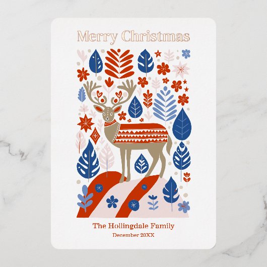 Scandinavische rendieren Vrolijk Kerstfeest Roos G Folie Feestdagenkaart (Voorkant)