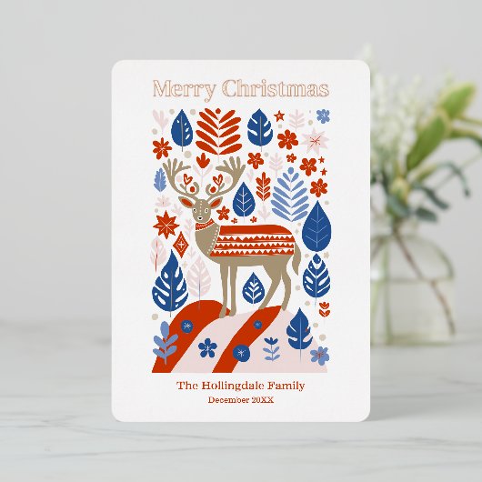 Scandinavische rendieren Vrolijk Kerstfeest Roos G Folie Feestdagenkaart (Staand Voorkant)