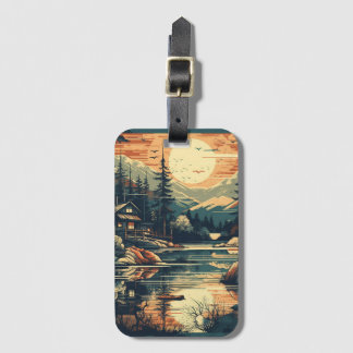 Scandinavische Retro Art berg huis Bagagelabel