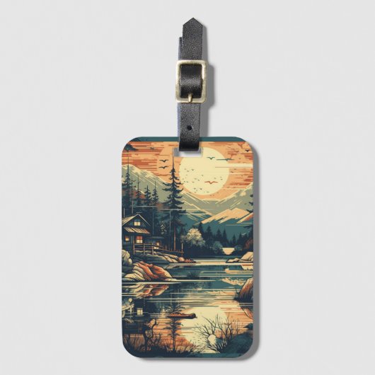 Scandinavische Retro Art berg huis Bagagelabel (Voorkant (verticaal))