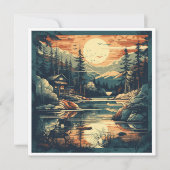 Scandinavische Retro Art berg huis Feestdagenkaart (Voorkant)