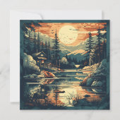 Scandinavische Retro Art berg huis Feestdagenkaart (Voorkant)