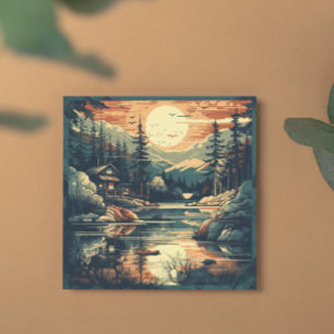 Scandinavische Retro Art berg huis Feestdagenkaart