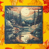 Scandinavische Retro Art berg huis Feestdagenkaart