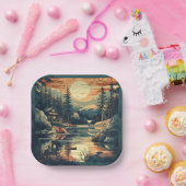 Scandinavische Retro Art berg huis Papieren Bordje (Feest)