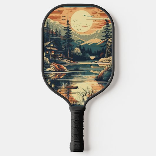 Scandinavische Retro Art berg huis Pickleball Paddle (Achterkant)
