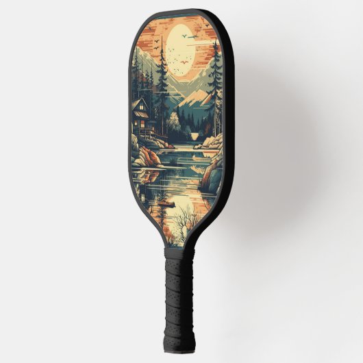 Scandinavische Retro Art berg huis Pickleball Paddle (Links)
