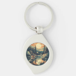 Scandinavische Retro Art berg huis Sleutelhanger