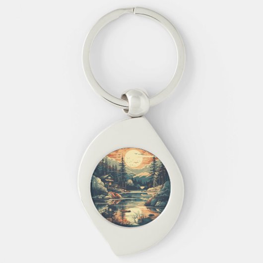 Scandinavische Retro Art berg huis Sleutelhanger (Voorkant)