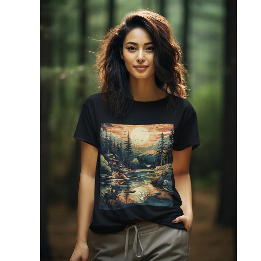 Scandinavische Retro Art berg huis T-shirt