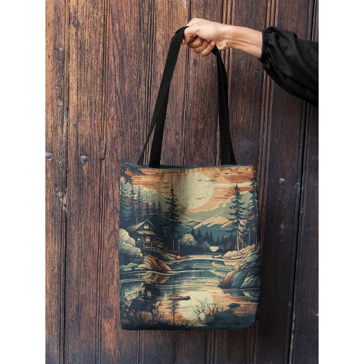 Scandinavische Retro Art berg huis Tote Bag