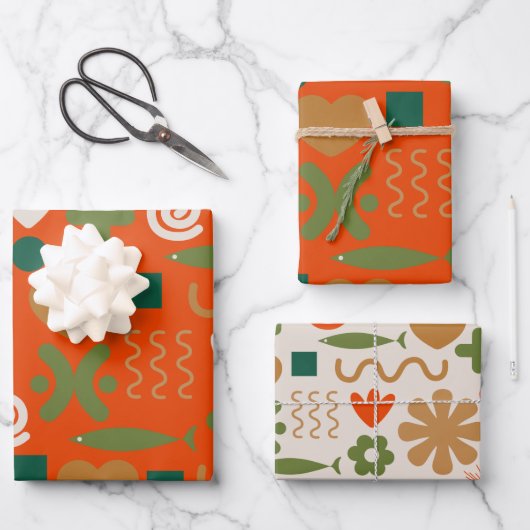 Scandinavische Retro-kerstpatronen rood-Oranje Inpakpapier Vel (Voorkant)