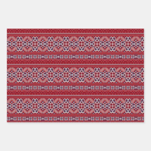 Scandinavische rode & blauwe winter trui patroon inpakpapier vel (Voorkant 3)