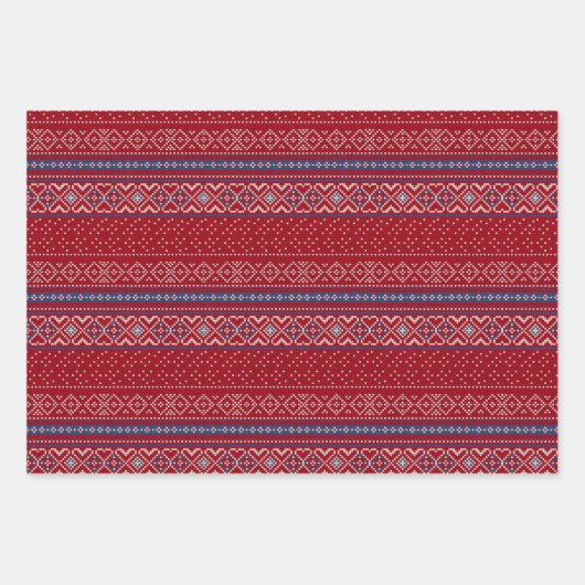 Scandinavische rode & blauwe winter trui patroon inpakpapier vel (Voorkant 2)