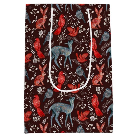 Scandinavische rode vogel, Deer, konijnenkerstmis Medium Cadeauzakje (Achterkant)