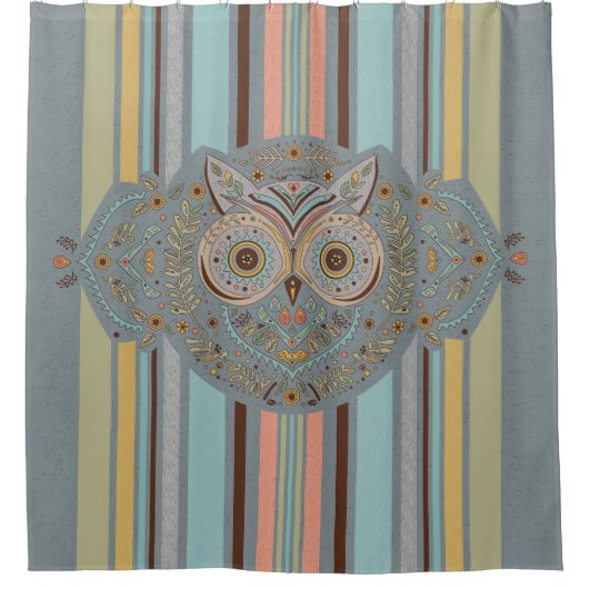 Scandinavische stijl Graphic Uil Bloemen en Streep Douchegordijn (Voorkant)