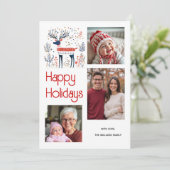 Scandinavische stijl herten rood blauw foto Kerstm Feestdagenkaart (Staand voorkant)