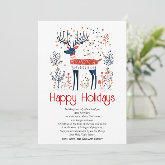 Scandinavische stijl herten rood blauw Kerstmis Feestdagenkaart (Staand voorkant)