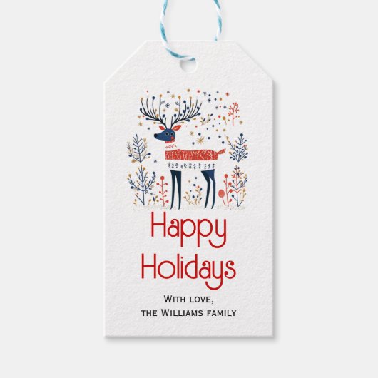 Scandinavische stijl herten rood blauw kerstvakant cadeaulabel (Voorkant)