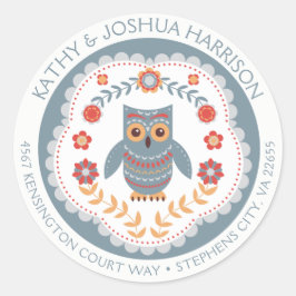 Scandinavische stijl Uil en bloemen retouradres Ronde Sticker