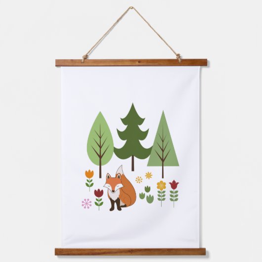 Scandinavische Style Fox Flowers Trees Illustratie Hangend Wandkleed (Voorkant)