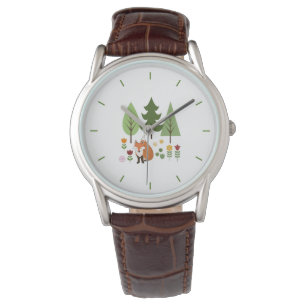 Scandinavische Style Fox Flowers Trees Illustratie Horloge
