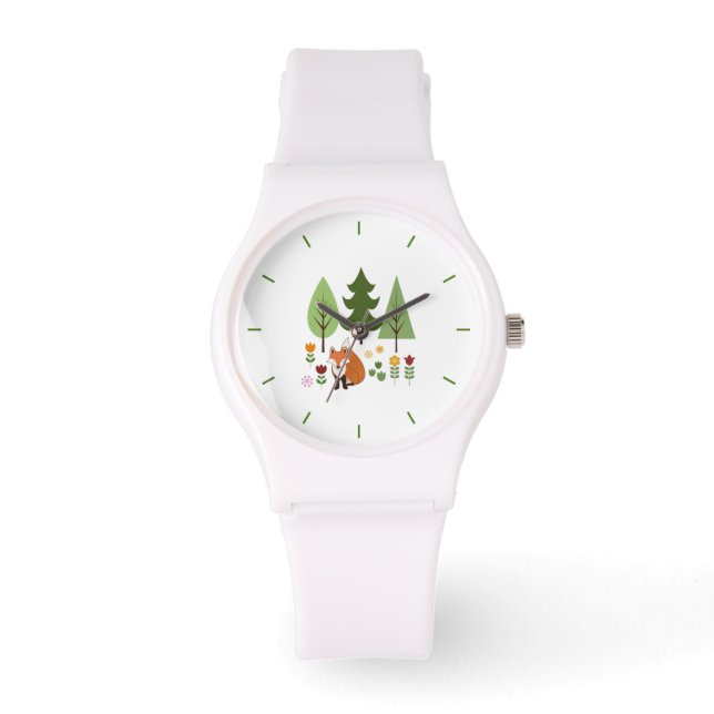 Scandinavische Style Fox Flowers Trees Illustratie Horloge (Voorkant)