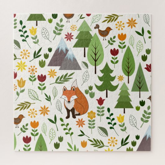 Scandinavische Style Fox Flowers Trees Illustratie Legpuzzel (Verticaal)