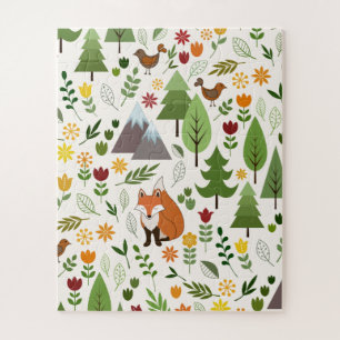 Scandinavische Style Fox Flowers Trees Illustratie Legpuzzel