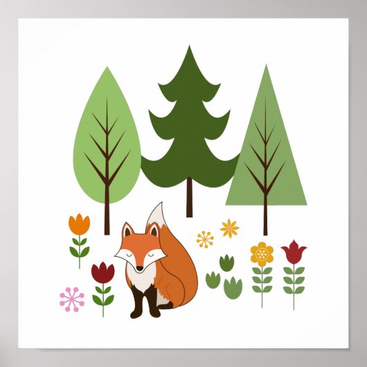 Scandinavische Style Fox Flowers Trees Illustratie Poster (Voorkant)