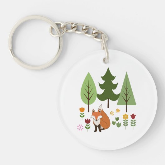 Scandinavische Style Fox Flowers Trees Illustratie Sleutelhanger (Voorkant)