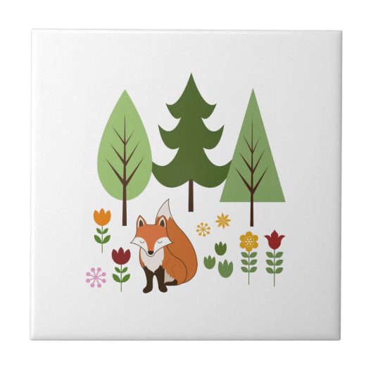 Scandinavische Style Fox Flowers Trees Illustratie Tegeltje (Voorkant)