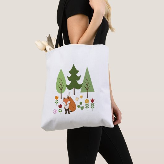 Scandinavische Style Fox Flowers Trees Illustratie Tote Bag (Dichtbij)