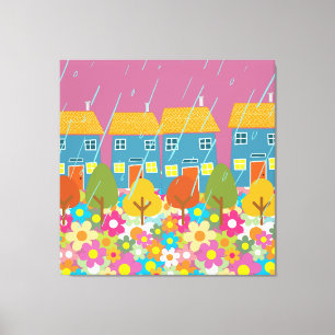 Scandinavische thuisstraat op regenachtige dag canvas afdruk