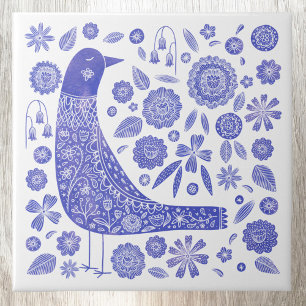 Scandinavische vogel blauw en wit tegeltje