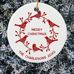 Scandinavische vogelkrans gepersonaliseerde kerst keramisch ornament