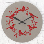 Scandinavische vogelkrans ronde klok<br><div class="desc">Een moderne Scandinavische vogel- en bloemenkrans. Rood op neutraal. Originele kunst van Nic Squirrell.</div>