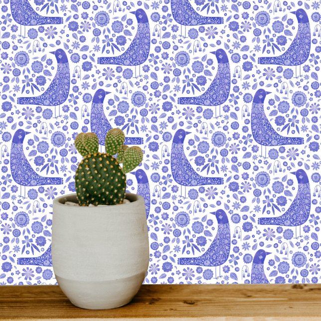 Scandinavische vogels blauw en wit behang (Nordic Birds blue and white art wallpaper)