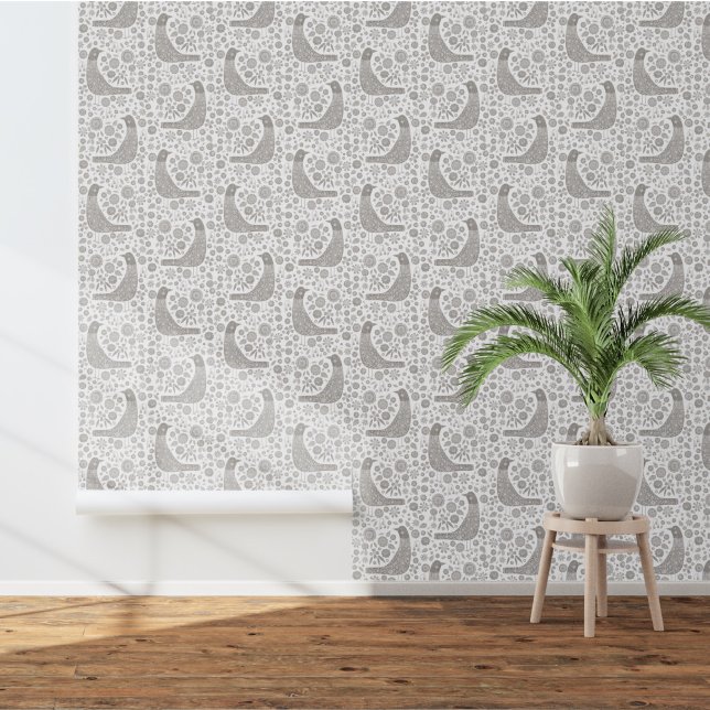 Scandinavische vogels grijs wit behang (Nordic Bird gray and white art wallpaper )