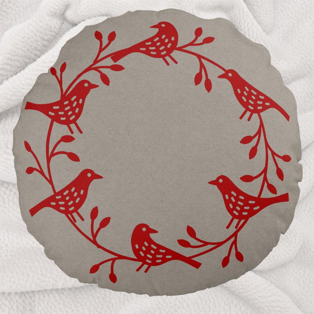 Scandinavische vogels met Rosehips Wreater Rond Kussen (Red Scandinavian bird wreath festive round pillow)