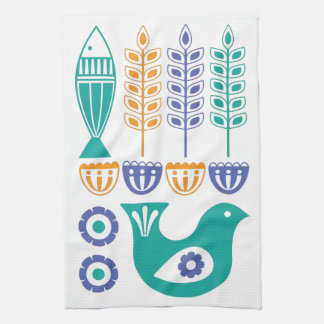 Scandinavische vogels, vis en bloemen theedoek