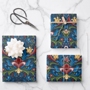 Scandinavische volks kunst blauw rood bloempatroon inpakpapier vel